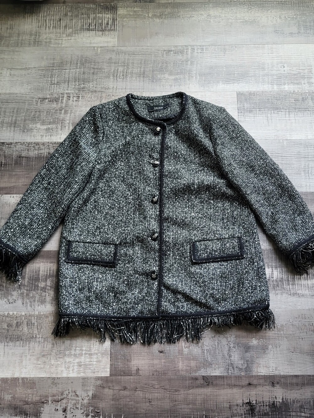 Zara Tweed Fringe Jacket XL Black White Boucle Textured Button Front Gold